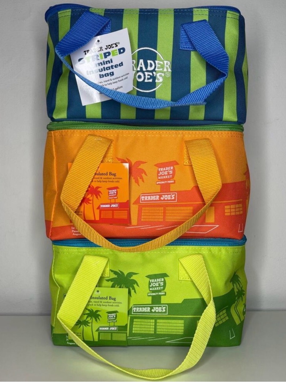 NWT Trader Joe's Striped Mini Insulated Bags - Blue, Orange, Lime Set of 3